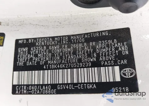 2007 Toyota Camry Xle V6 from USA, damaged, VIN 4T1BK46K27U529239